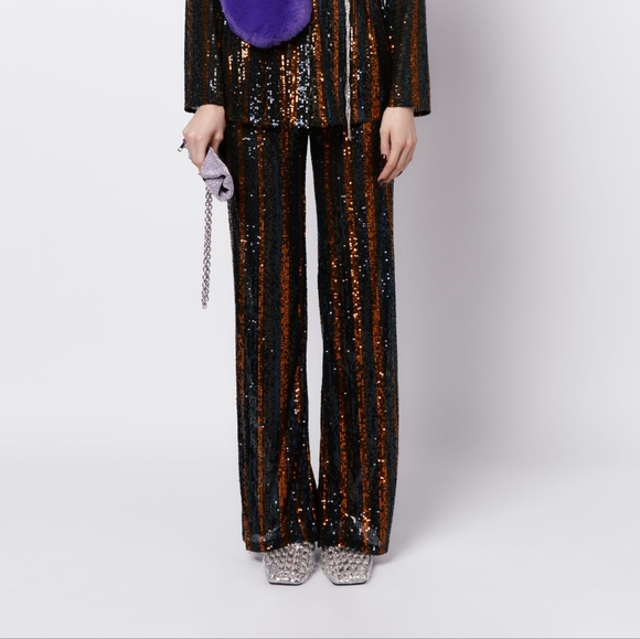 NEW ZARA Black/Orange Sequin Striped Sheer Flared Pants S - Picture 1 of 8
